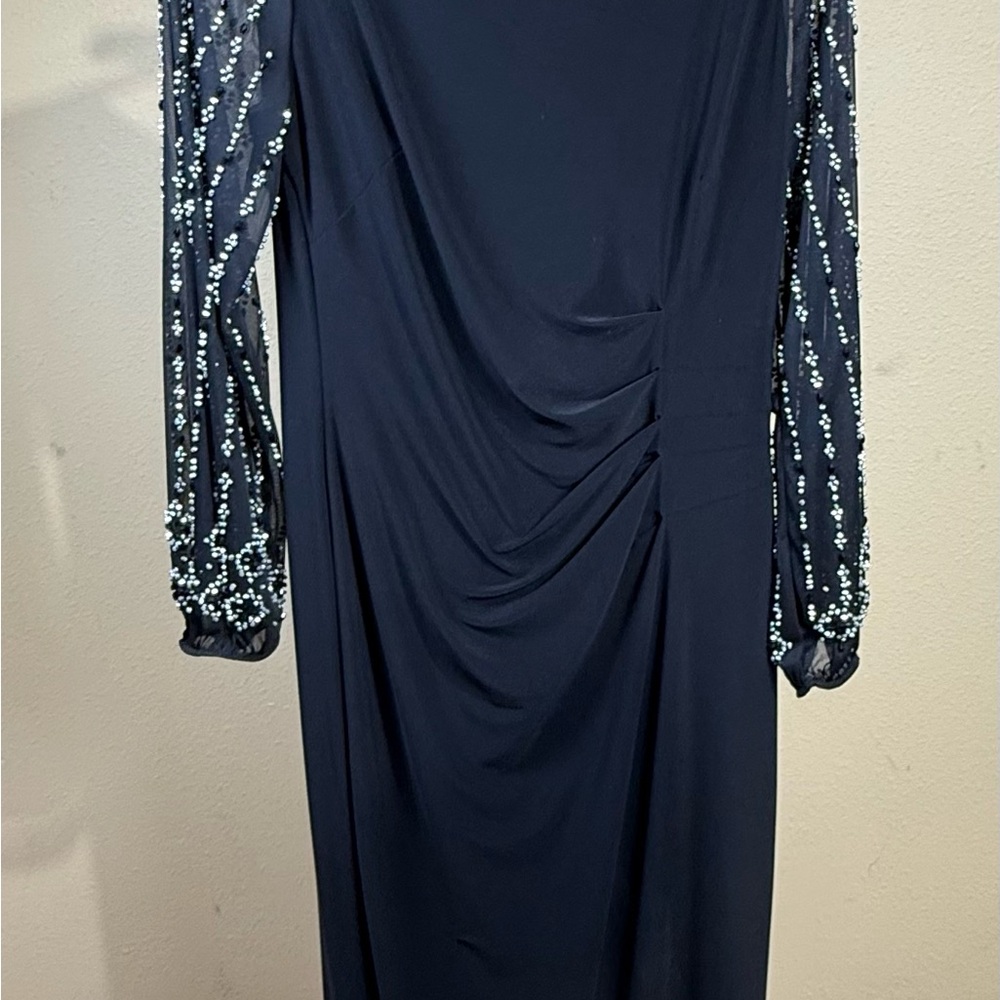 MARINA Dark Black Sheath Dress with Cowl Neck and Bishop Sleeves